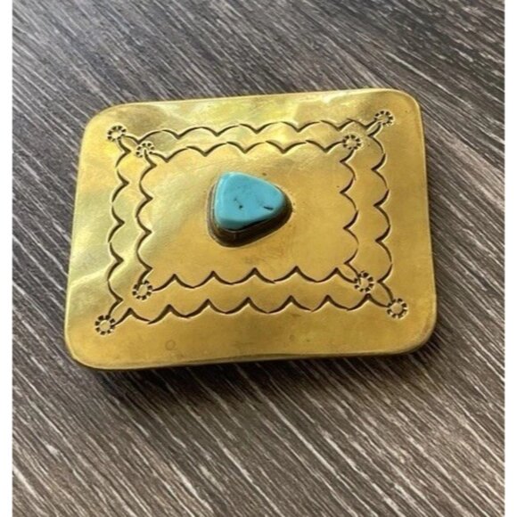 Navajo Yellow Brass Turquoise Women’s Belt Buckle Flower Engraved Signed ER - Picture 6 of 9